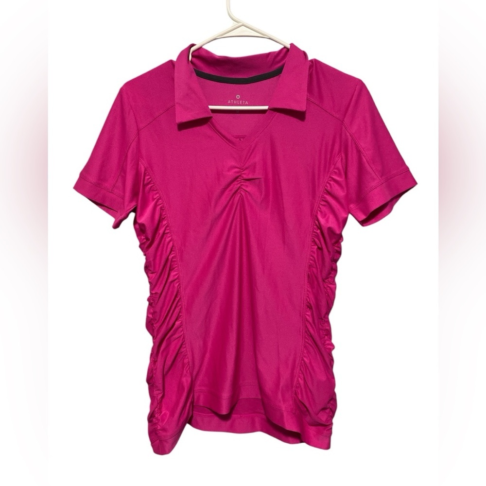 Athleta Collared V-neck Medium Hot Pink Scrunch Women’s Activewear Short Sleeve